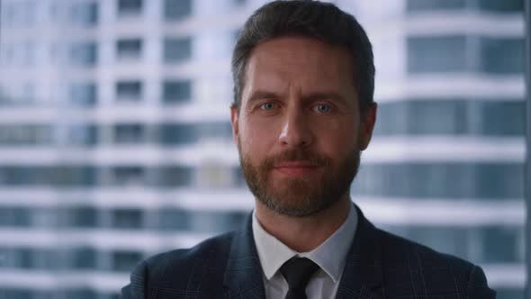 Successful Businessman Looking Camera Smiling Posing in Company Window Office alt