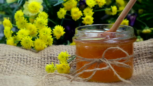 Honey jar. Dips wooden stick to glass bowl with liquid floral fresh honey alt