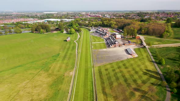 Aerial footage of the Pontefract race course located in the town of Pontefract in West Yorkshire