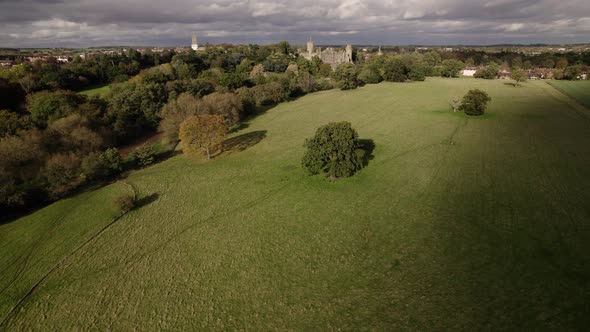Warwick Castle, Warwickshire, UK, Aerial Shot, Long Shot, Autumn Season, Colour Graded