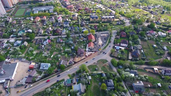 Flight drone over the Moscow region. Bird's eye view. Aerial survey of the village.