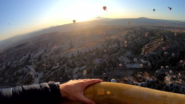 Amazing first person view or POV from a hot air balloon in Cappadocia, Turkey alt