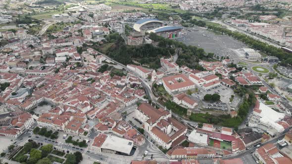 Leiria touristic landmarks seen from above, stadium, church and castle, Portugal