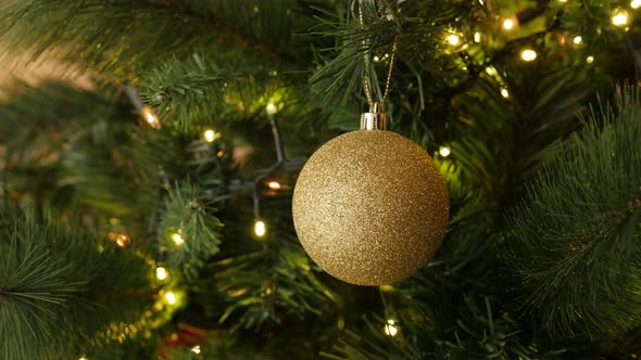 Warm lights and gold bauble with sequins hanged on the branch 4K 2160p 30fps UltraHD footage - Golde