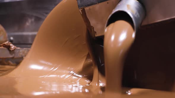 Chocolate Production At Factory. Melted Chocolate Closeup alt