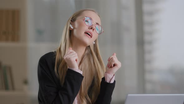 Carefree Business Woman Wearing Glasses Girl Worker Student Lady Manager Wearing Wireless Headphones alt
