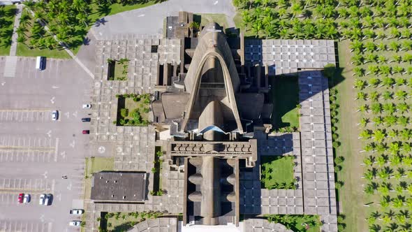 Basilica Catedral Nuestra Senora de la Altagracia in Higuey. Aerial reverse tilt up reveal alt