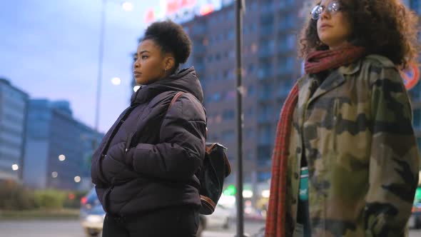 Slow motion two young multiethnic women outdoor posing looking away serene