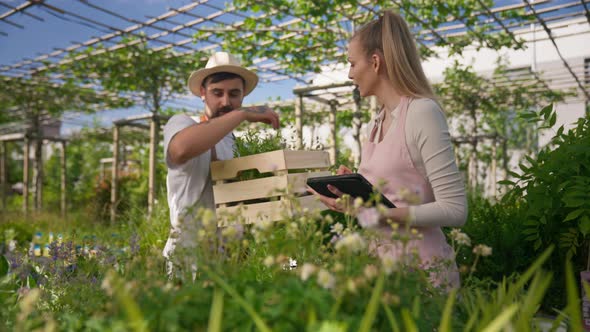 Young Couple of Gardeners in Aprons Caring for Plants alt
