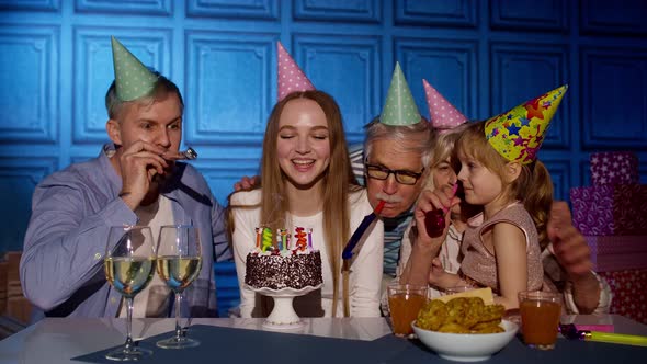 Big Multigenerational Family Celebrating Young Mother Woman Birthday Anniversary Party at Home alt