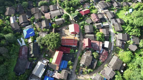 Aerial view of Paa Meang village,  Houses in valley, Lampang, Thailand by drone