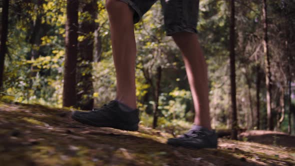 Teen Boy Walks Through the Forest Descends From the Mountain Legs Closeup Cinematic Shot