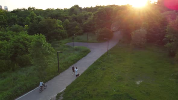 Aerial green park lanes at sunset, Kharkiv city