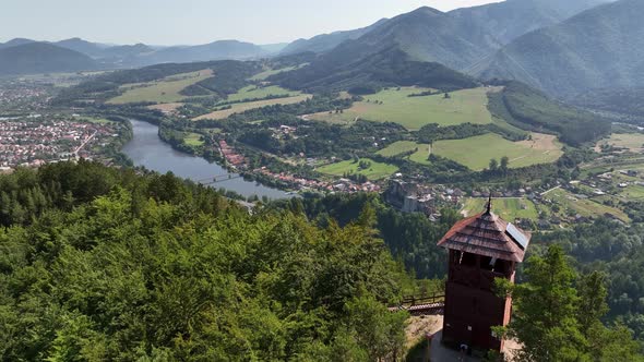 Aerial view of Spicak tower and Strecno castle in Slovakia