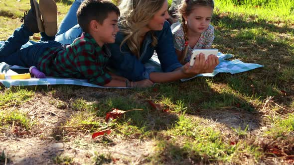Mother and kids using digital tablet in park 4k alt