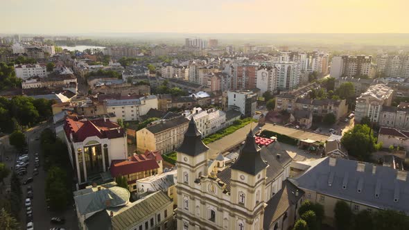 Aerial View of Historic Center of IvanoFrankivsk City with Old European Architecture alt
