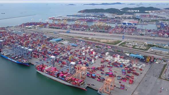 Aerial top view of container logistics shipping in Laem Chabang, Chon Buri, Thailand alt