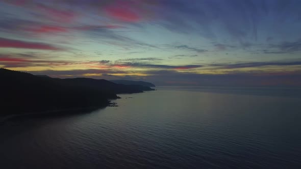 View From a Drone on the Coast of Triozerie Bay at Sunrise alt