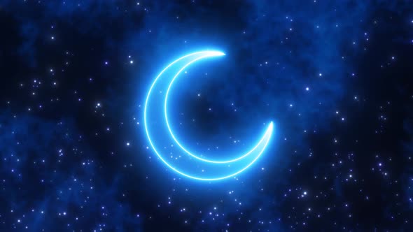 Calm Blue Neon Crescent Moon Shape in Cloudy Dark Night Sky Stars - 4K ...