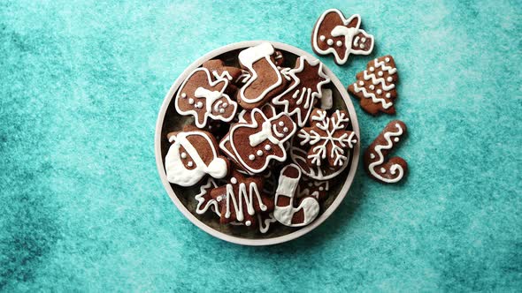 Delicious Fresh Christmas Decorated Gingerbread Cookies Placed in Wooden Crate alt