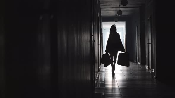 Silhouette of Woman Carrying Shopping Bags along Hallway