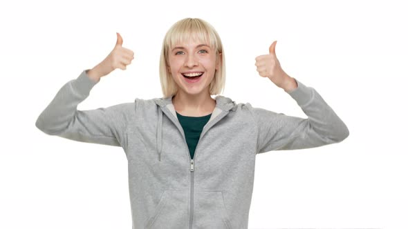 Closeup Portrait of Happy Young Woman Being Ecstatic Emerging From Bottom in Front of Camera Showing alt