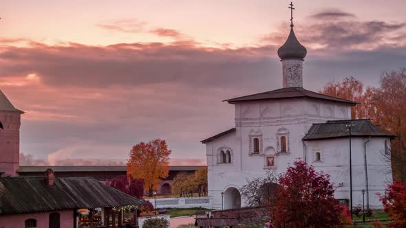 Sunset view of the Suzdal monastery. Golden Ring of Russia.