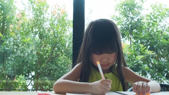 Asian little girl drawing or doing homework at home