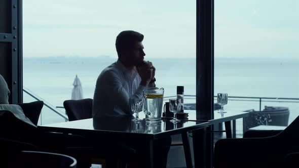 Handsome Freelancer Thinking New Business Projects Resting Panoramic Cafe alt