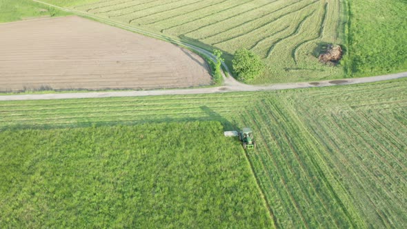 Green Tractor Hay Cutter Aerial View