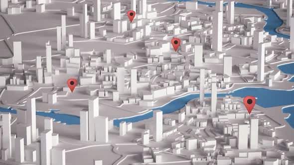 Aerial View of City Buildings 3D Rendering With Red Point Map
