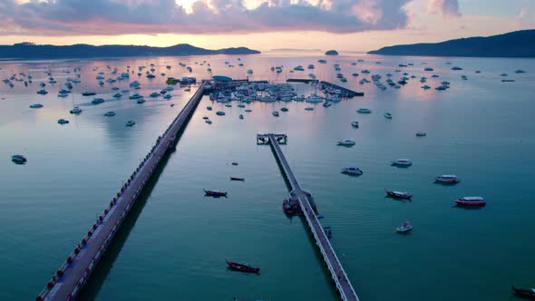 Phuket sea sunrise sky. Aerial view of chalong bay with many boats yachts,longtail fishing boats alt