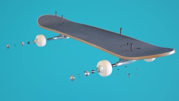 Skateboard assembly process. Elements of the board combining in order. Render 4k alt