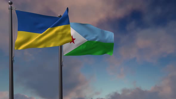 Djibouti Flag Waving Along With The National Flag Of The Ukraine - 4K alt
