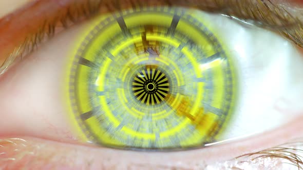 Opening Eye To Reveal Digital Hud Hologram Over Pupil Yellow 01