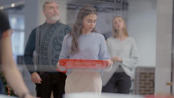 Gorgeous Middle Eastern Woman Standing in Queue with Senior and Young Men and Women in Selfservice alt