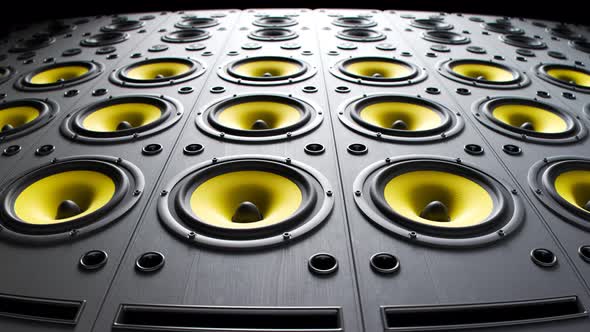 Yellow, modern speakers stacked in an endless wall loop. Membranes vibrate. 4KHD alt