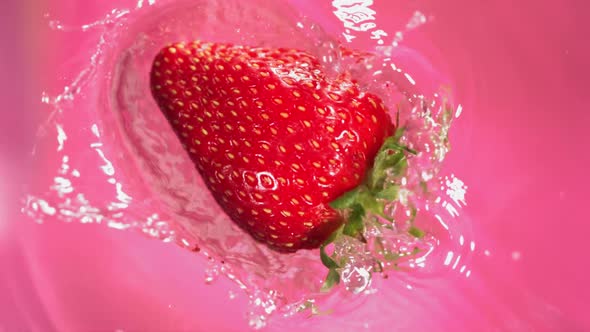Super Slow Motion of Falling Strawberry Into Splashing Water alt