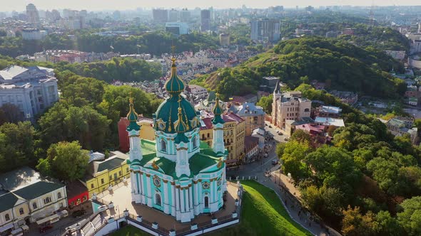 Aerial Drone Video Famous St. Andrews Church and Panorama of Kyiv, Ukraine alt