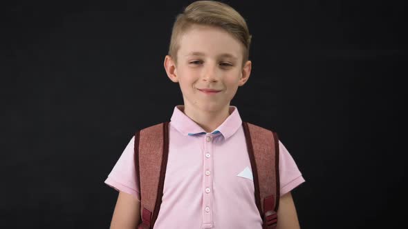 Schoolboy Smiling and Showing Sport Word Made of Wooden Cubes, Active Life alt