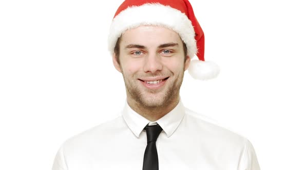 Slow Motion Young Handsome Businessman Giving a Smile and Giving a Cheer with Champagne Over White