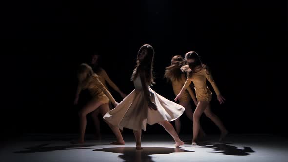 Five Beautiful Girls Start Dancing Modern Contemporary Dance, on Black, Shadow alt