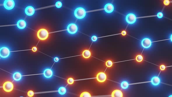 Atomic hexagonal grid of glowing blue and glowing spheres