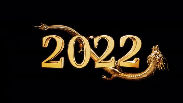 Gold chinese dragon move around year letter 2022 text.