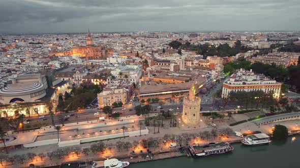Aerial View of the Seville Old Town at Night Andalusia Region Spain alt