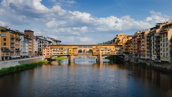 Panoramic Day Time Lapse of Ponte Vecchio in Florence with Arno River, Florence, Tuscany, Italy