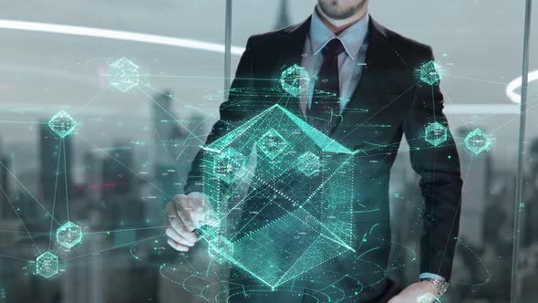 Businessman with Cyber Monday Hologram Concept alt