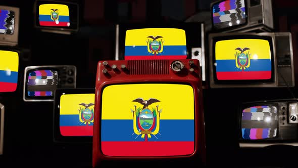Ecuador National Flag and Retro Televisions. 4K.