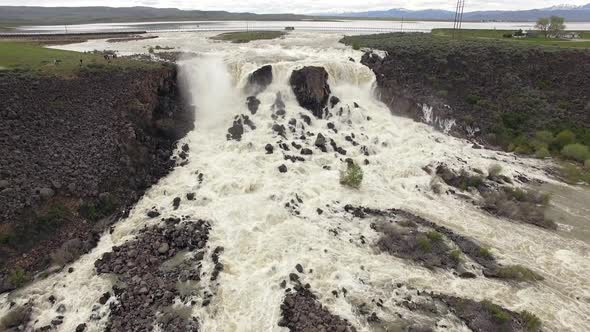 Aerial view of huge overflow waterfall at Magic Reservoir alt