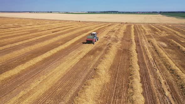 Agricultural work on mowing hay an old tractor with traces of rust removes earlier 